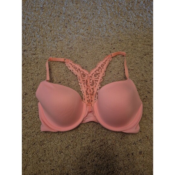 Victoria's  Secret  32DD Lined Demi Bra Racerback Peach Lace Front Close EUC - Picture 1 of 5
